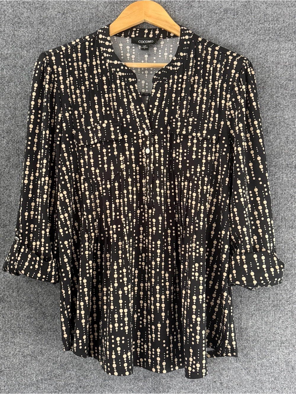 Cocomo Womens 3/4 Sleeve Printed Top Size Large Black Tan Office Career Stretch